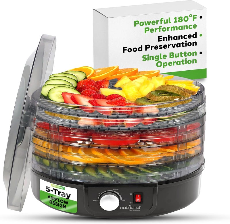 NutriChef Electric Countertop Food Dehydrator - Professional Multi-Tier Food Preserver - Dehydrates Fish, Meats, Mushrooms, Fruits & Vegetables - 5 Easy to Clean Stackable Trays., One Size, Black - Image 1